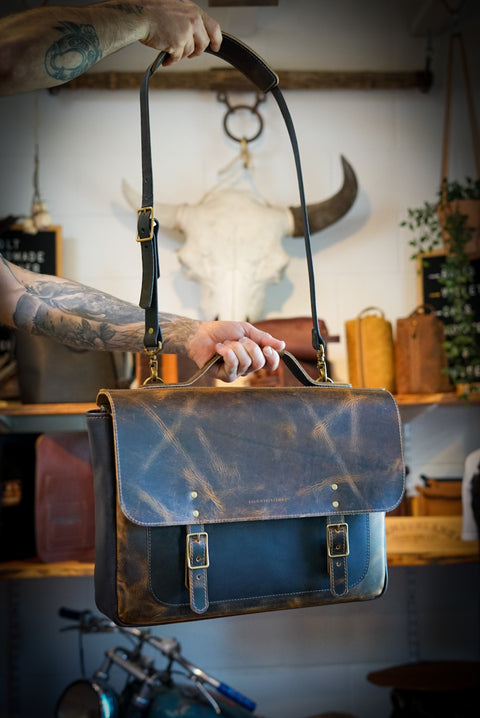 18" Messenger Bag (Two Tone: Vintage "Honey Brown" + Dark "Carob" Brown)