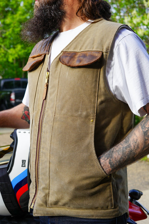 PREORDER: LIMITED EDITION VEST (FIELD TAN GREEN CANVAS + BROWN LEATHER)