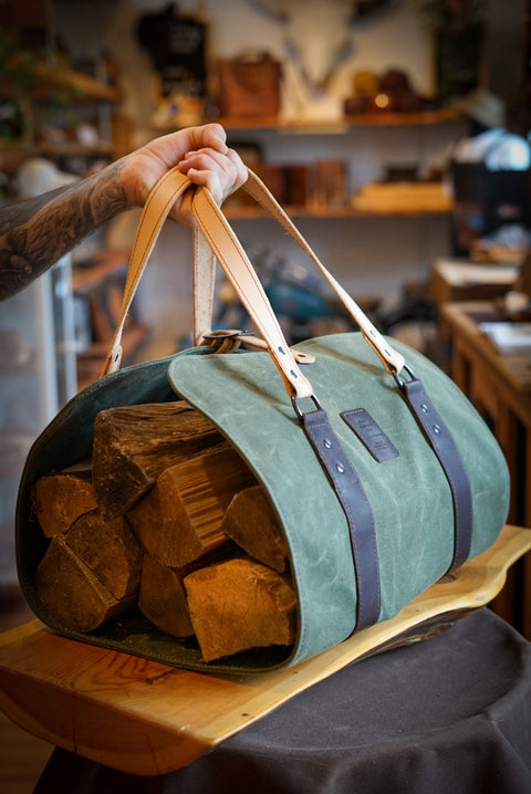 Log Carrier (Deep Forest Waxed Canvas + Leather Accents)