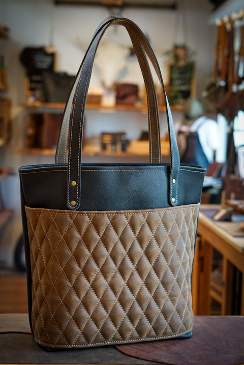 Tote Bag (Diamond Stitch: Pebbled Black + Crazyhorse Brown)