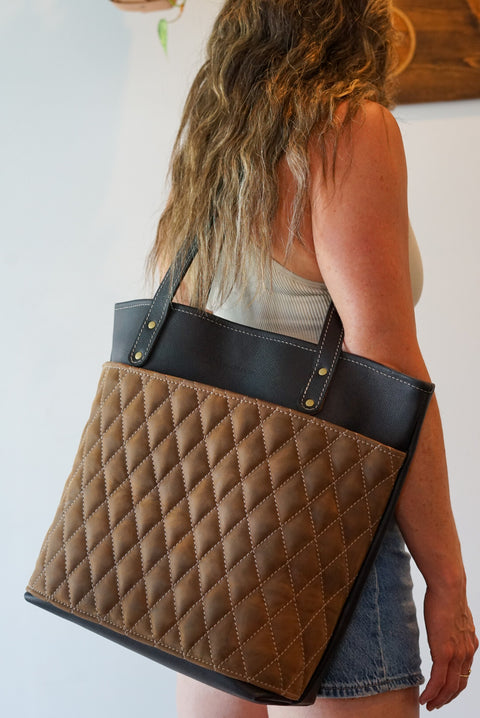 Tote Bag (Diamond Stitch: Pebbled Black + Crazyhorse Brown)