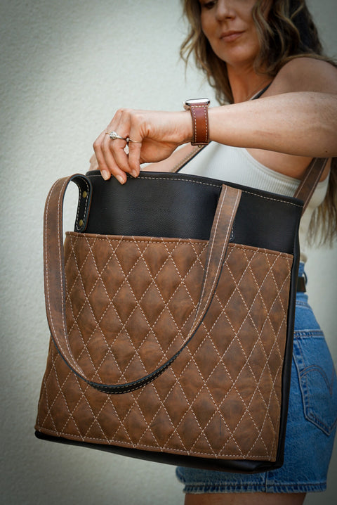 Tote Bag (Diamond Stitch: Pebbled Black + Crazyhorse Brown)