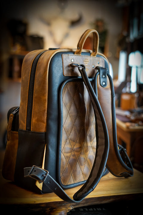 Commuter Backpack (Diamond Stitch: Two Tone "Tobacco Brown" + Flat Black Accents)