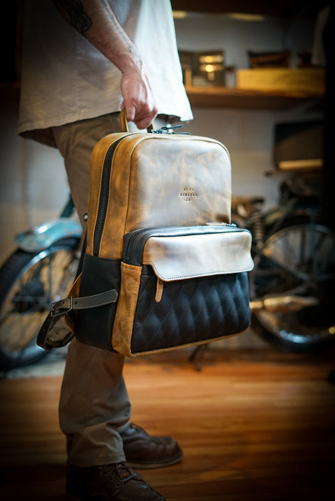 Commuter Backpack (Diamond Stitch: Two Tone "Tobacco Brown" + Flat Black Accents)