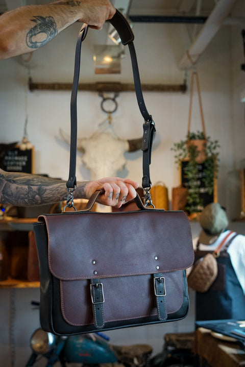 16" Messenger Bag (Two Tone: Pebbled Brown + Flat Black Accents)