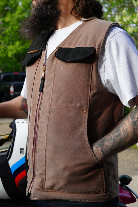 PREORDER: LIMITED EDITION VEST (BRUSH BRASS CANVAS + BLACK LEATHER)