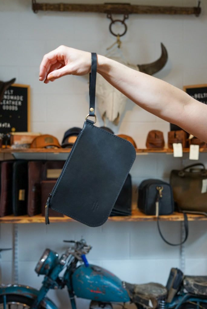 Handmade in Canada black leather wrist clutch
