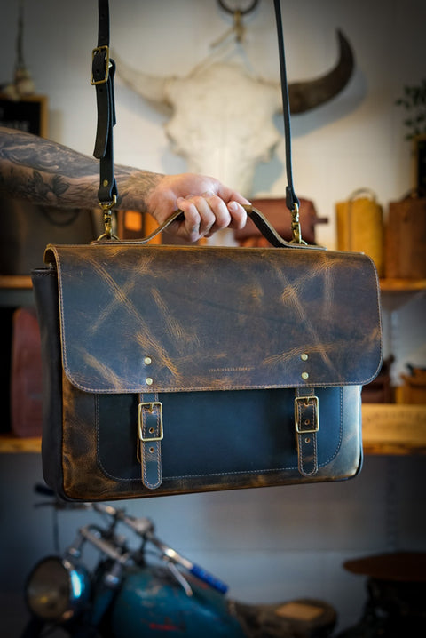 18" Messenger Bag (Two Tone: Vintage "Honey Brown" + Dark "Carob" Brown)