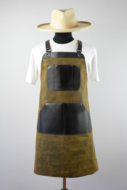 Apron: Full-grain Leather (Two Tone: Dark Olive Green + Flat Black Accents + Extra Pockets)