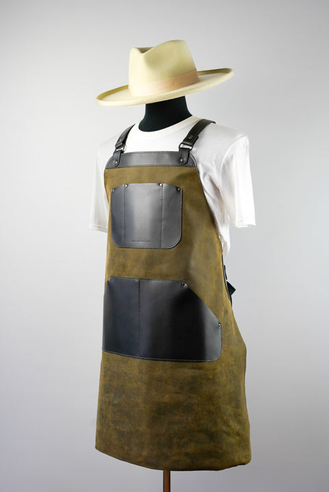 Apron: Full-grain Leather (Two Tone: Dark Olive Green + Flat Black Accents + Extra Pockets)
