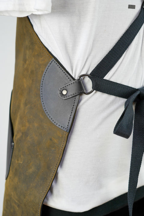 Apron: Full-grain Leather (Two Tone: Dark Olive Green + Flat Black Accents + Extra Pockets)