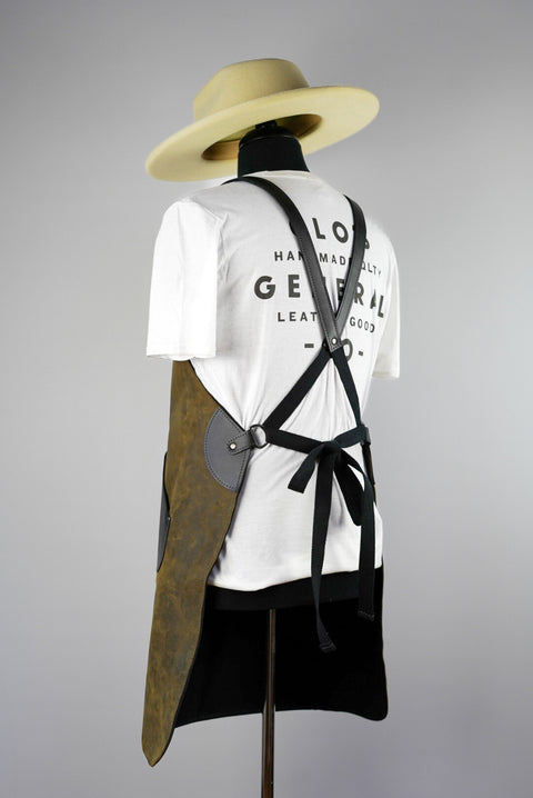 Apron: Full-grain Leather (Two Tone: Dark Olive Green + Flat Black Accents + Extra Pockets)