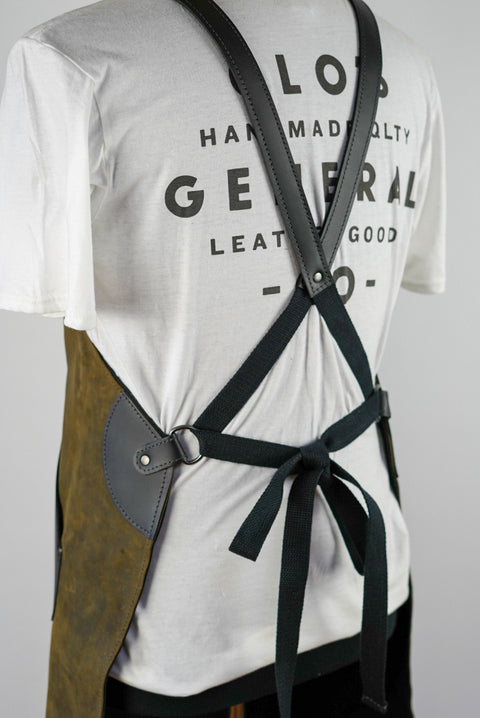 Apron: Full-grain Leather (Two Tone: Dark Olive Green + Flat Black Accents + Extra Pockets)