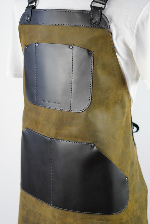 Apron: Full-grain Leather (Two Tone: Dark Olive Green + Flat Black Accents + Extra Pockets)
