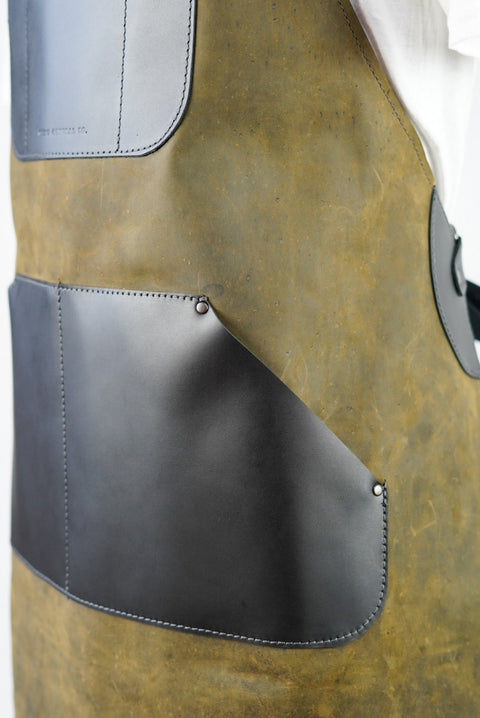 Apron: Full-grain Leather (Two Tone: Dark Olive Green + Flat Black Accents + Extra Pockets)