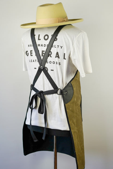 Apron (Tan Waxed Canvas + Black Leather Accents + Extra Pockets)