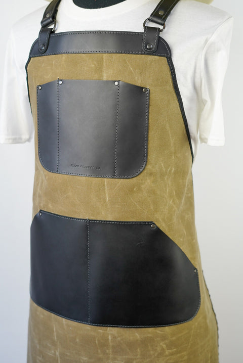 Apron (Tan Waxed Canvas + Black Leather Accents + Extra Pockets)