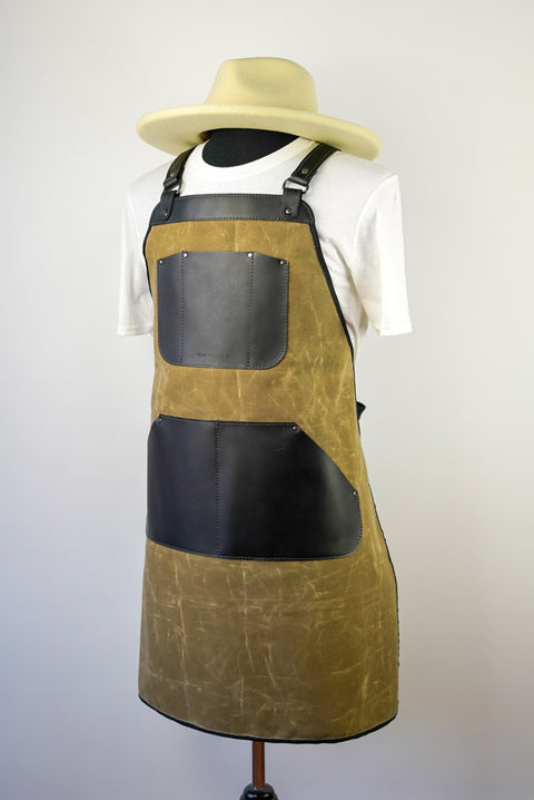 Apron (Tan Waxed Canvas + Black Leather Accents + Extra Pockets)
