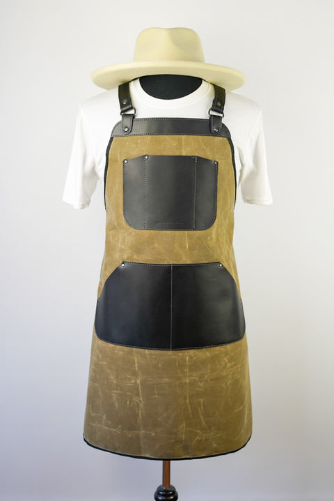 Apron (Tan Waxed Canvas + Black Leather Accents + Extra Pockets)
