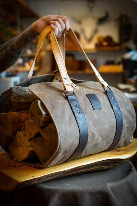 Log Carrier ("Brush Brown" Waxed Canvas + Leather Accents)