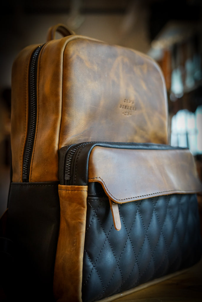 Commuter Backpack (Diamond Stitch: Two Tone "Tobacco Brown" + Flat Black Accents)