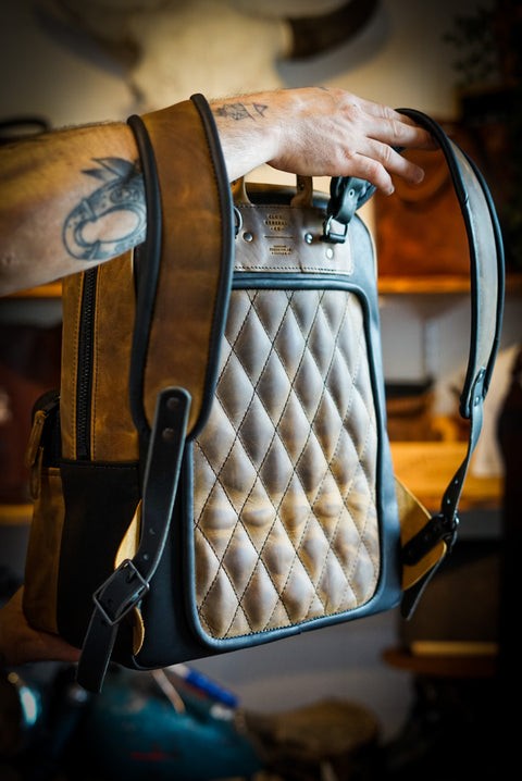 Commuter Backpack (Diamond Stitch: Two Tone "Tobacco Brown" + Flat Black Accents)