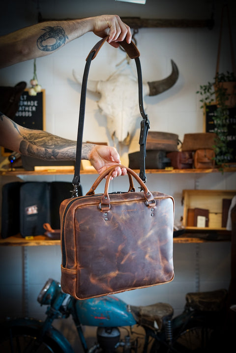 Full grain handmade leather business bag in the color called hardtimes brown