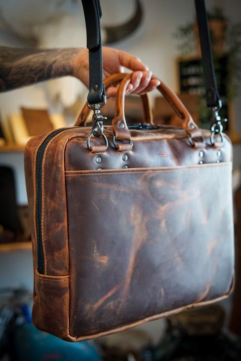 Full grain leather handmade leather business bag. Dark gunmetal hardware removable adjustable shoulder strap
